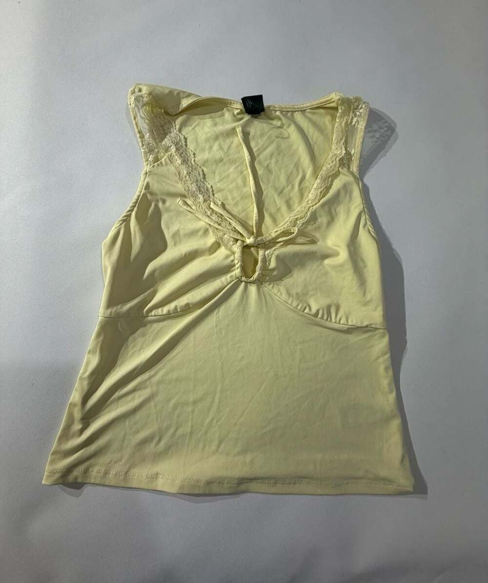 Wild Fable XS Yellow Lace Trim Keyhole Tie Front Tank Top Coquette Y2K